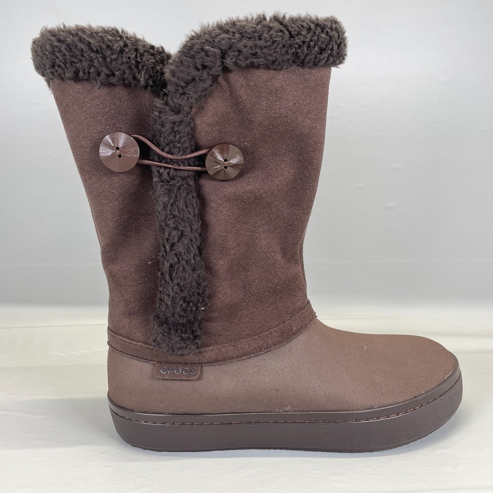 Crocs  Modessa Boots Womens Size 8 Brown Faux Fur Suede Button Pull On Shoes